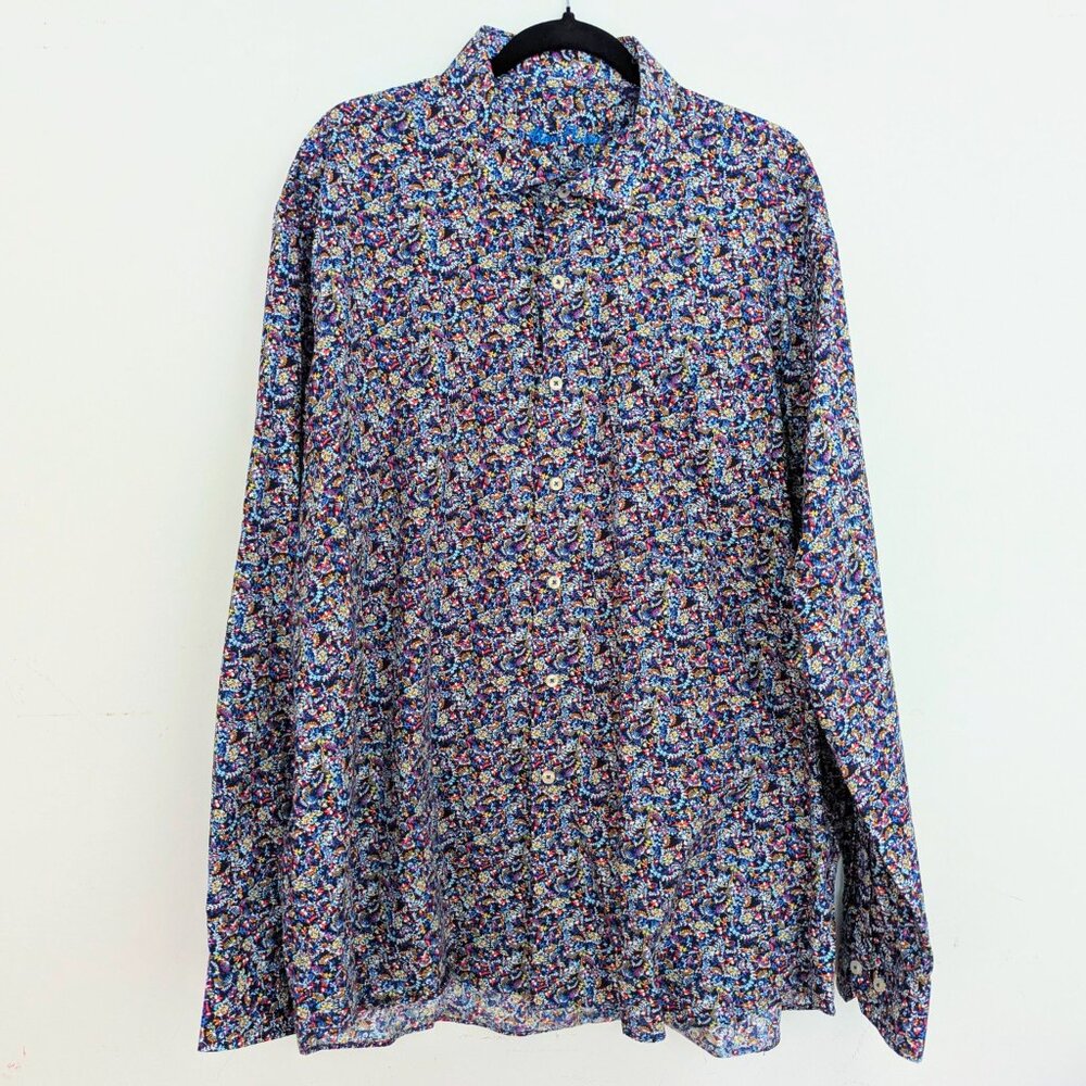 Alan Flusser Shirt Men's XXL Blue Floral Casual Cotton Button Up Long Sleeve